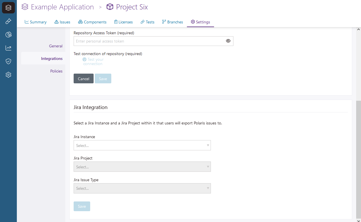 A screenshot that shows how to select the Jira instance, project, and issue type by using the dropdowns.