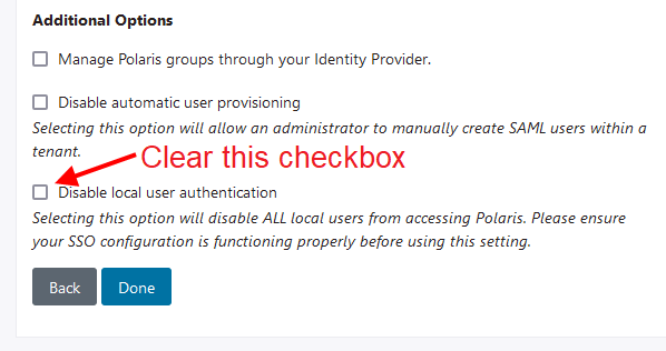 Screenshot of the Disable local user authentication checkbox.