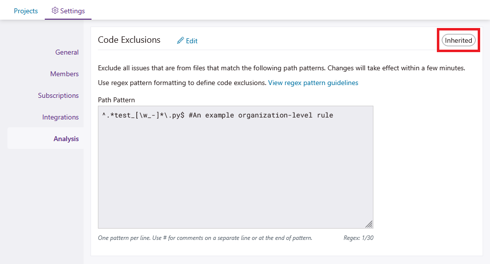Screenshot of the Code Exclusions panel for an application.